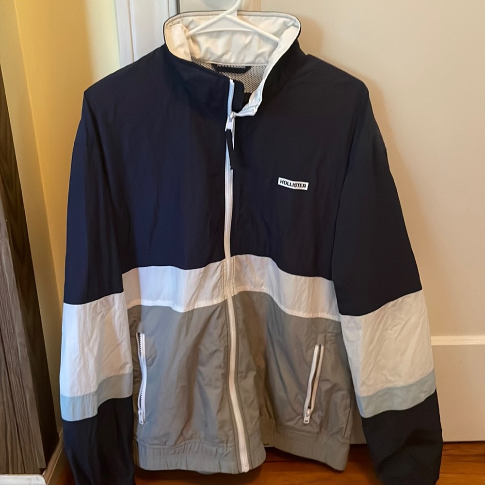 Hollister blue gray white full zip Windbreaker Men’s Lg Zipper Pockets